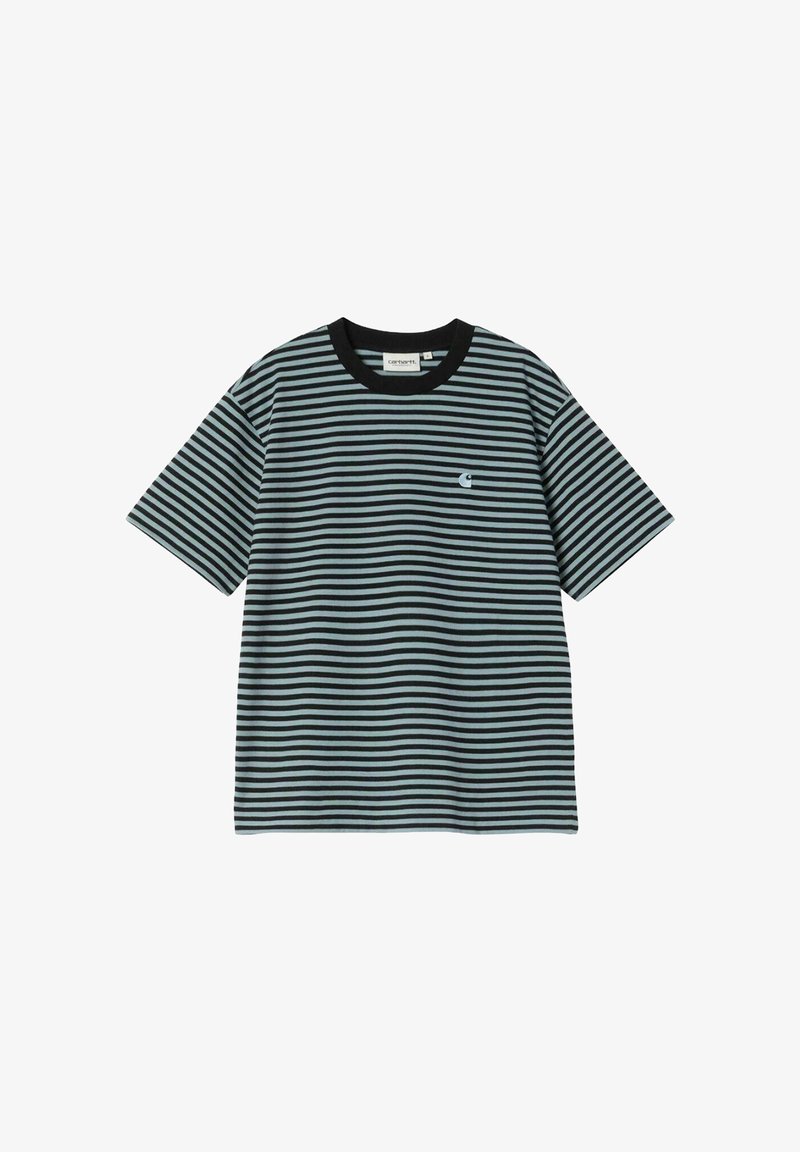 Camiseta a rayas con franjas horizontales negras y verde azulado, cuello redondo negro, mangas cortas, que presenta un pequeño logo en el lado izquierdo del pecho.