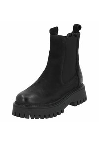 Zwarte leren enkelboot met elastische zijpanelen, textuurafwerking en een stevige rubberen profielzool. Voorzien van trekbanden voor gemakkelijk aan- en uittrekken.