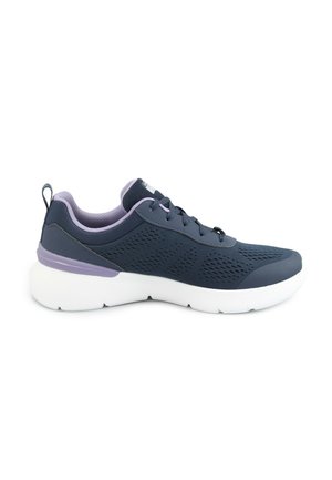 Dark blue athletic shoe with mesh upper, lavender accents, and white sole. Features a textured design and a pull tab at the heel.