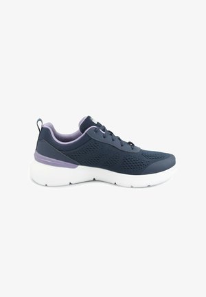 Dark blue athletic shoe with mesh upper, lavender accents, and white sole. Features a textured design and a pull tab at the heel.