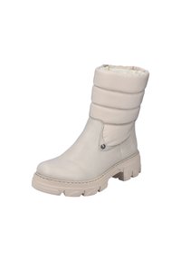 Botas beige hasta la mitad de la pantorrilla, fabricadas en cuero texturizado con una parte superior acolchada, que presentan una suela de goma gruesa y acentos de costura decorativa.