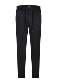 Zwarte broek met een elastische tailleband, slim fit en zachte stof. Beschikt over een knoopsluiting en een minimalistisch ontwerp zonder patronen.