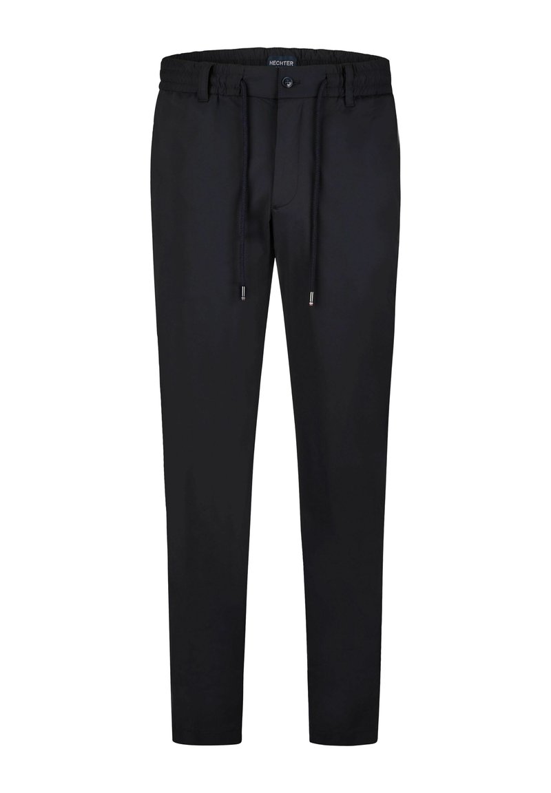 Zwarte broek met een elastische tailleband, slim fit en zachte stof. Beschikt over een knoopsluiting en een minimalistisch ontwerp zonder patronen.