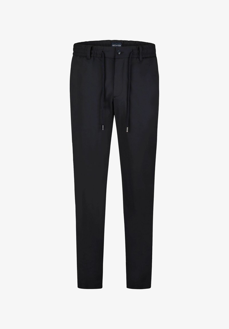 Schwarze Hose mit Kordelzugbund, schmaler Schnitt und weichem Stoff. Verfügt über einen Knopfverschluss und ein minimalistisches Design ohne Muster.