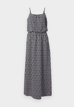 Vestido maxi com padrão geométrico preto e branco, design sem mangas, cintura franzida e alças ajustáveis. Tecido leve para conforto.