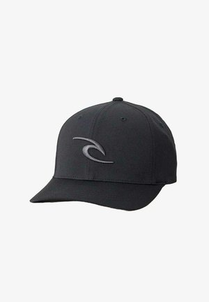 Black baseball cap made of fabric with a curved brim. Features a gray wave logo embroidered on the front and six ventilation holes.