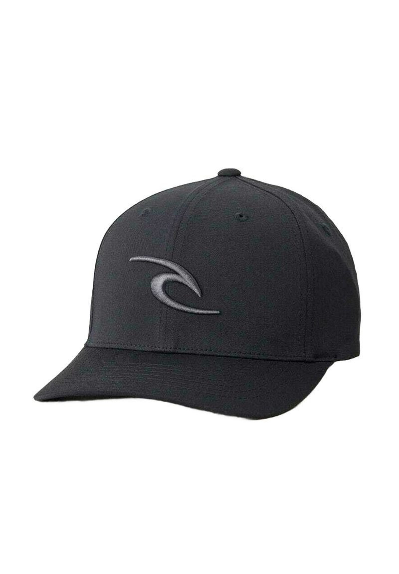 Gorra de béisbol negra hecha de tela con visera curvada. Presenta un logotipo de ola gris bordado en la parte frontal y seis orificios de ventilación.