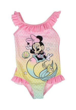 Maillot de bain une pièce avec un décolleté froncé rose, un dégradé pastel avec un motif écaille de poisson, et un design d'un personnage avec des accents.