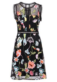 Czarna siatkowa sukienka z kwiatowym haftem w żywych kolorach. Bez rękawów, okrągły dekolt i taliowany krój. Eleganckie detale w całej sukience.