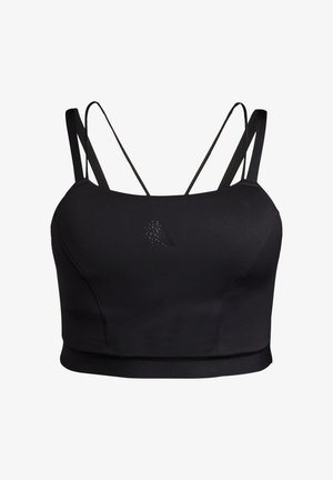 Juoda sportinė liemenėlė su reguliuojamomis plonomis petnešėlėmis, pagaminta iš lygaus audinio. Yra priekyje esantis logotipo detalė ir trumpesnis dizainas su tiesiu apdaila.