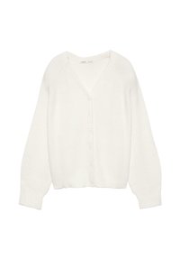 Weißer Cardigan aus weichem Strickmaterial, mit V-Ausschnitt, sechs Knöpfen, gerippten Bündchen und Saum sowie einer lockeren Passform.
