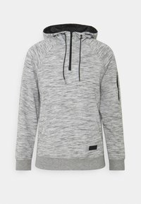 Grey hoodie with a marled texture, featuring a zippered collar, black accents, and side pocket. Made from a blend of soft materials.