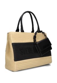 Tote bag met geweven beige stro en een zwart textuurpaneel met reliëf merknaam. Inclusief een kleine afneembare zwarte tas.