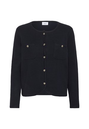 Crni pleteni kardigan s teksturom, dugih rukava, okruglim izrezom, dva prednja džepa i šest dekorativnih dugmadi zlatne boje na prednjoj strani.