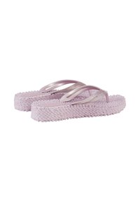 Paarse flip-flops met een gestructureerde zool, voorzien van glanzende zilveren banden. Het ontwerp is eenvoudig zonder aanvullende patronen of accenten.