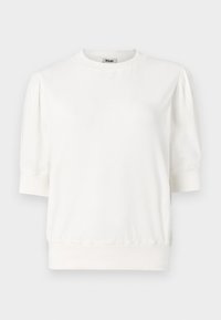 Vit kortärmad blus med puffärmar, ribbade ärmslut och nederkant, samt rund halsringning.