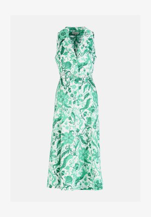Midi šaty bez rukávov s golierom, zapínanie na gombíky vpredu a zelený kvetinový a listový vzor na bielom pozadí, s opaskom z rovnakého materiálu.