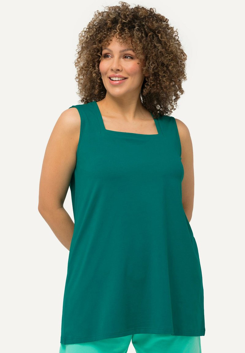 Túnica sin mangas en color verde azulado con escote cuadrado, textura suave y corte relajado, que presenta un dobladillo recto y un diseño clásico.