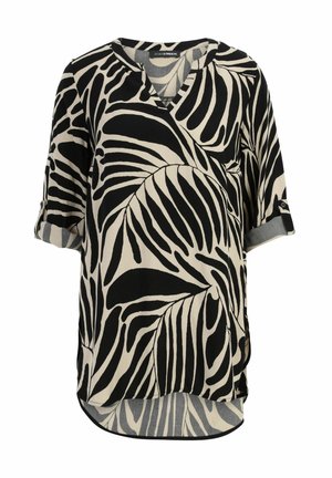 Korte mouwen blouse met een zwart en crème bladerenpatroon, V-hals en een ronde zoom met zijsplitten. Gemaakt van lichtgewicht stof.