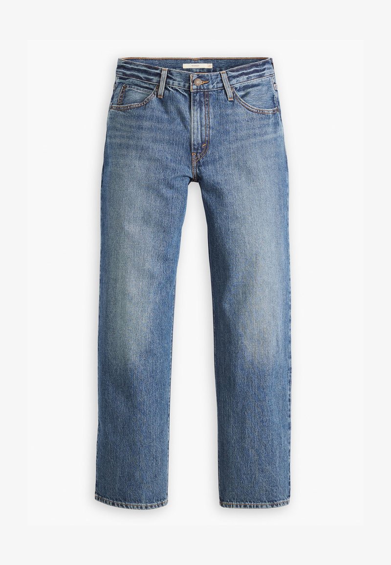Jeans en denim bleu clair, coupe droite, taille mi-haute, cinq poches, coutures ton sur ton et fermeture à bouton.