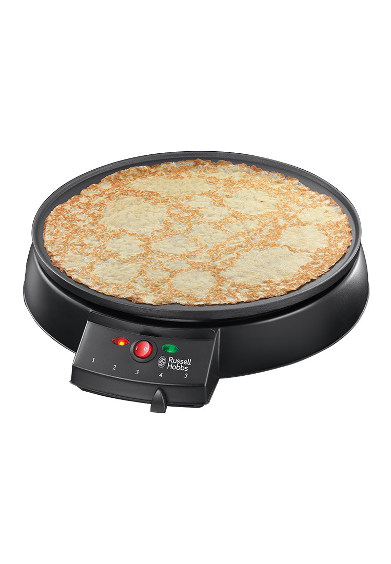 Piastra elettrica per crêpe con base circolare nera, superficie di cottura antiaderente e controllo della temperatura regolabile, dotata di spie luminose rosse e verdi.