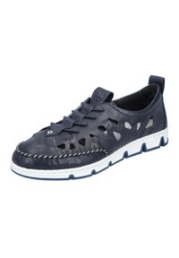 Marineblaue Leder-Schlüpfschuh mit Ausschnittdesign, weißen Nähten und einer weißen Gummisohle. Strukturiertes Obermaterial mit flexiblen Akzenten.