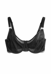 Sostenedor negro con aros que presenta copas de malla transparente, tirantes ajustables y un borde de encaje en la parte inferior. Diseño simple y funcional.