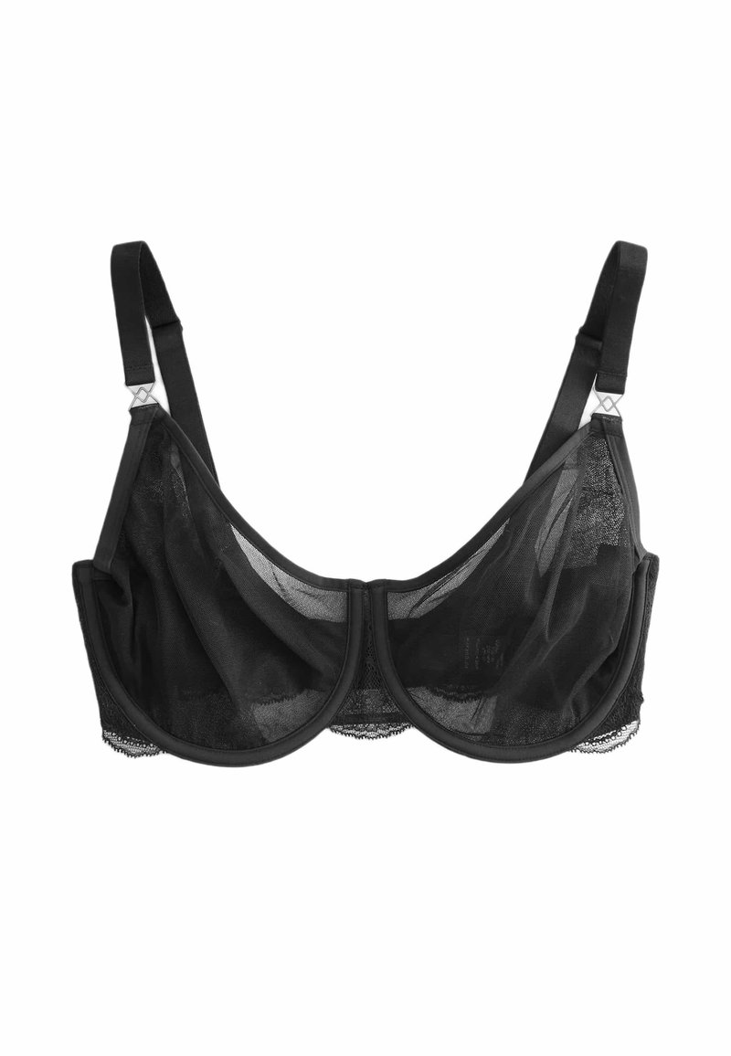 Sostenedor negro con aros que presenta copas de malla transparente, tirantes ajustables y un borde de encaje en la parte inferior. Diseño simple y funcional.