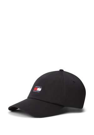 Zwarte baseballpet met een gebogen klep en vooraan het geborduurde Tommy Jeans-logo in rood, wit en blauw.