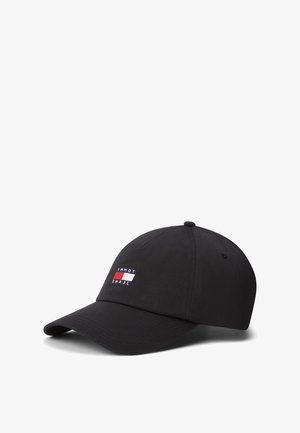Zwarte baseballpet met een gebogen klep en vooraan het geborduurde Tommy Jeans-logo in rood, wit en blauw.