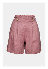 Shorts en lin rose avec plis, taille haute, et deux boutons dorés sur le devant. Texture lisse et coupe décontractée.