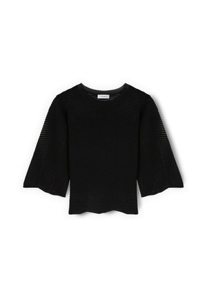 Schwarzes, geripptes Strickoberteil mit weiten Dreiviertelärmeln und rundem Ausschnitt, das eine dezente Chevron-Struktur aufweist.