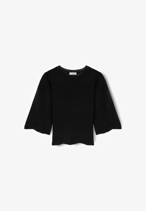 Schwarzes, geripptes Strickoberteil mit weiten Dreiviertelärmeln und rundem Ausschnitt, das eine dezente Chevron-Struktur aufweist.