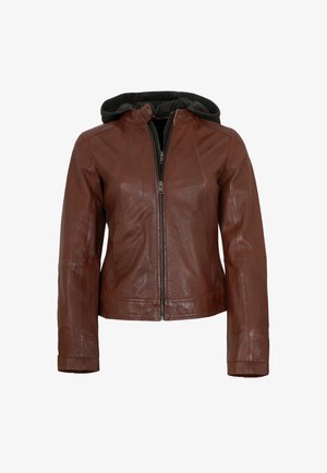 Brown leather jacket with a detachable gray hoodie. Features zip closure, fitted design, and smooth texture. Long sleeves with snug cuffs.