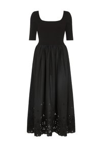 Schwarzes Maxikleid mit kurzen Ärmeln, quadratischem Ausschnitt, tailliertem Oberteil und einem gerafften Rock mit lasergeschnittenen Blumenmustern entlang des Saums.