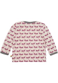 Langarmhemd aus cremefarbenem Stoff mit einem sich wiederholenden rosa Ameisenmuster; verfügt über einen grauen, runden Halsausschnitt und Akzente an den Manschetten.