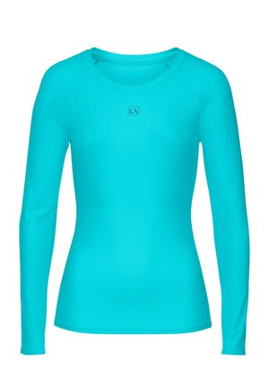 Long-sleeve fitted turquoise blue shirt with crew neck and small centered logo on chest.