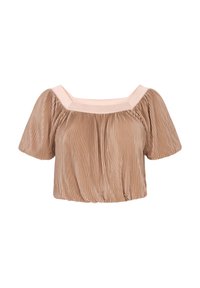 Pliszés bronz színű crop top rövid puff ujjakkal, négyzet alakú nyakkivágással és kontrasztos világos rózsaszín díszítéssel a nyakkivágás és a vállak mentén.