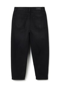 Jeans de mezclilla negra con corte recto, dos bolsillos traseros, una etiqueta en la cinturilla y una textura lisa y mate.