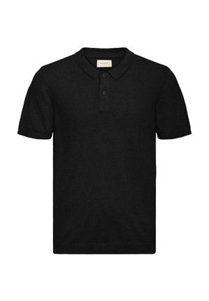 Zwart poloshirt met korte mouwen, een kraag en twee knopen, weergegeven op een effen witte achtergrond.