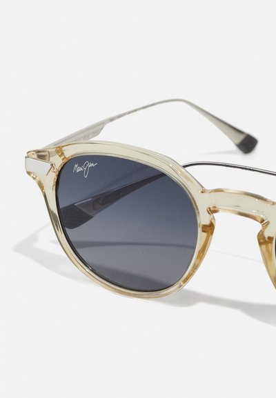 Round sunglasses with a transparent gold frame, dark gray lenses, and silver detailing on the arms. Smooth texture, modern design.
