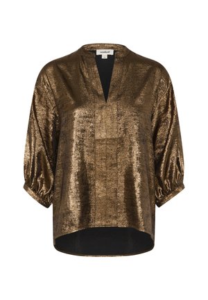 Metalen bronzen top met een V-hals en driekwart pofmouwen. Zachte textuur met een ontspannen pasvorm en een langere achterkant.