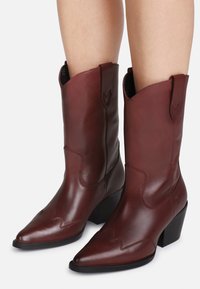 Par de botas western de cuero marrón oscuro hasta la mitad de la pantorrilla, con puntas afiladas y tacones cuadrados, llevadas sobre piernas desnudas.