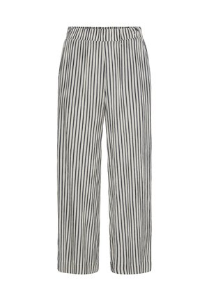 Balti bikses ar vertikālām melnām svītrām, elastīgu jostu, taisnu platām kāju daļām un ar apmalēm.