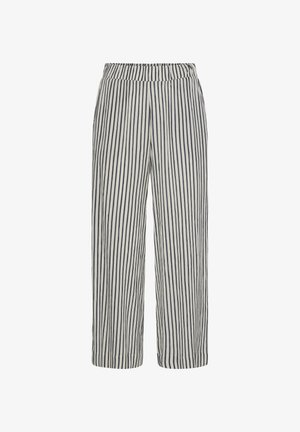 Balti bikses ar vertikālām melnām svītrām, elastīgu jostu, taisnu platām kāju daļām un ar apmalēm.