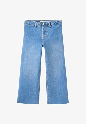 Svijetlo plave široke traperice visokog struka s prednjim zatvaračem na kopčanje i standardnim dizajnom s pet džepova. Glatka tekstura.