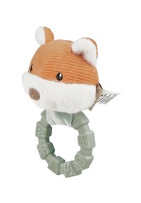 Plush fox head in orange corduroy with white accents, attached to a green silicone ring featuring various textures and shapes.