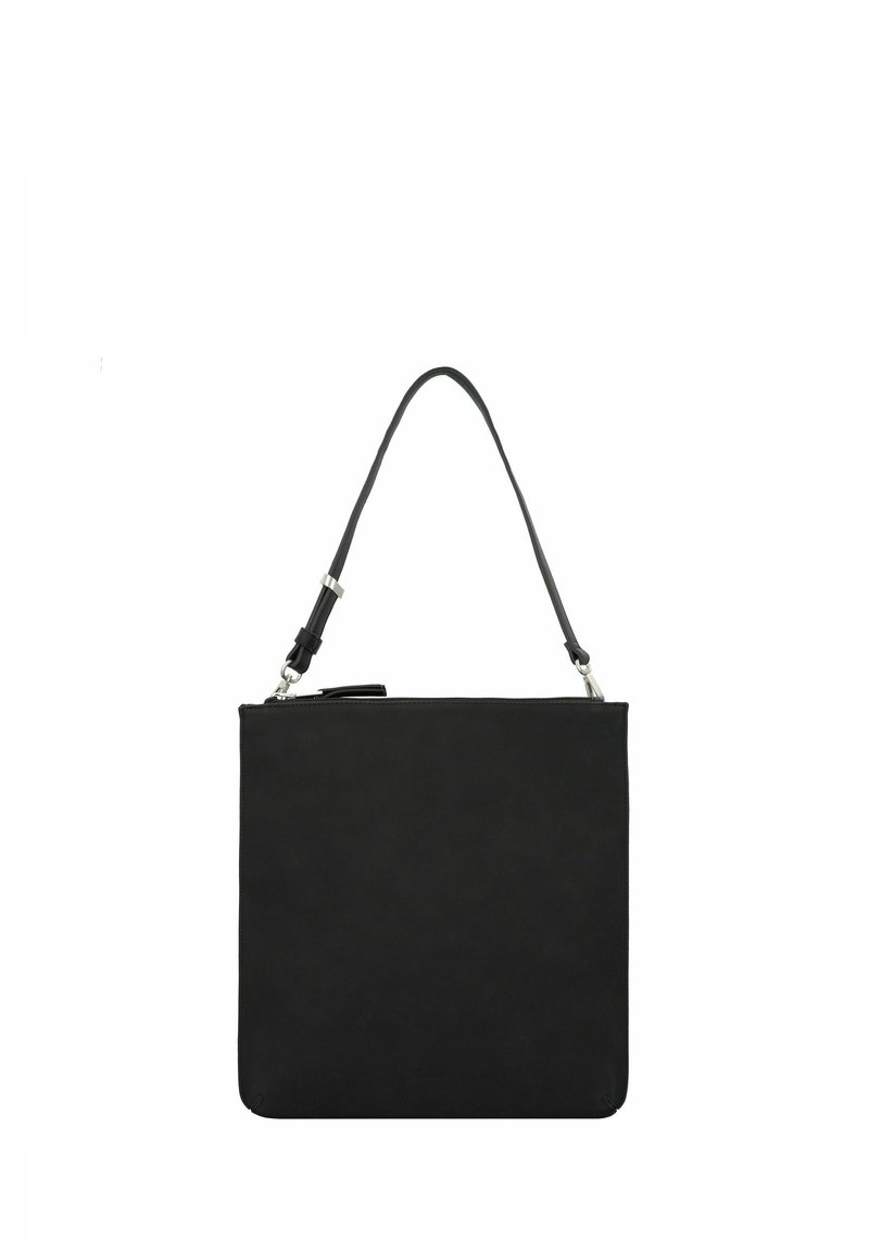 Borsa a spalla in pelle nera con una forma rettangolare elegante, tracolla sottile e regolabile, e chiusura con zip superiore. Texture liscia con dettagli minimi.