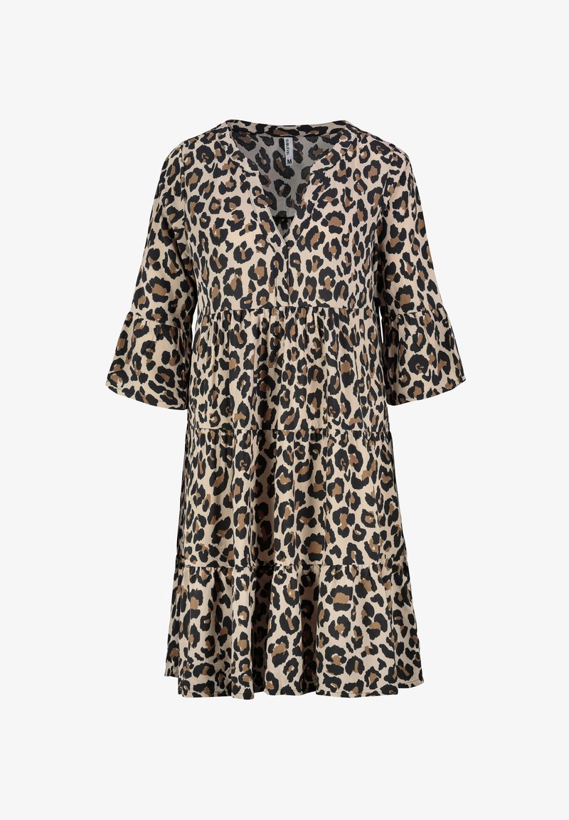 Leopardenmusterkleid in Beige und Braun, mit V-Ausschnitt, gestuftem Design und Glockenärmeln. Aus leichtem Stoff gefertigt.