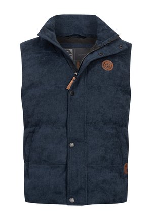 Marineblå puffer vest laget av mykt stoff med høy krage, glidelås, trykknapper og en lærlogo-patch på brystet.